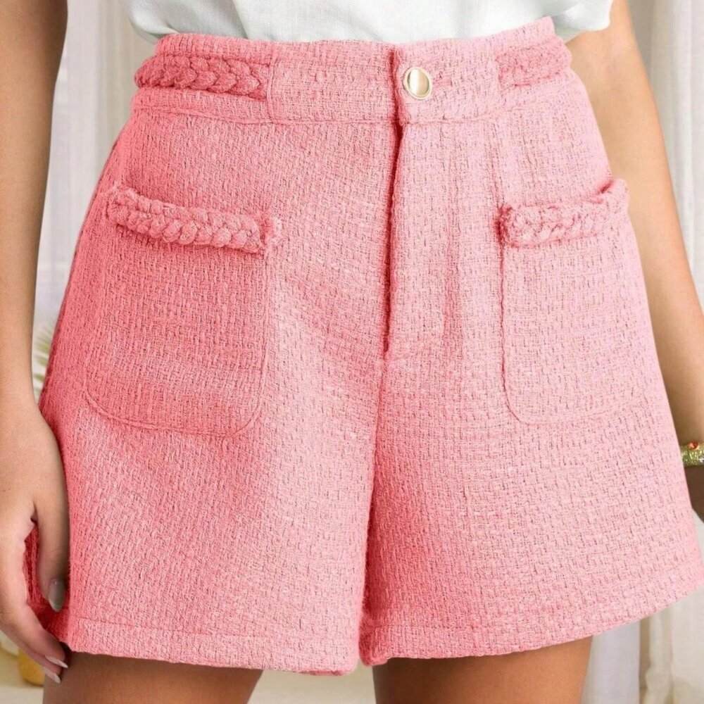 Watermelon Pink Casual Women's High Waisted Wide Leg Tweed Shorts Front Pocket